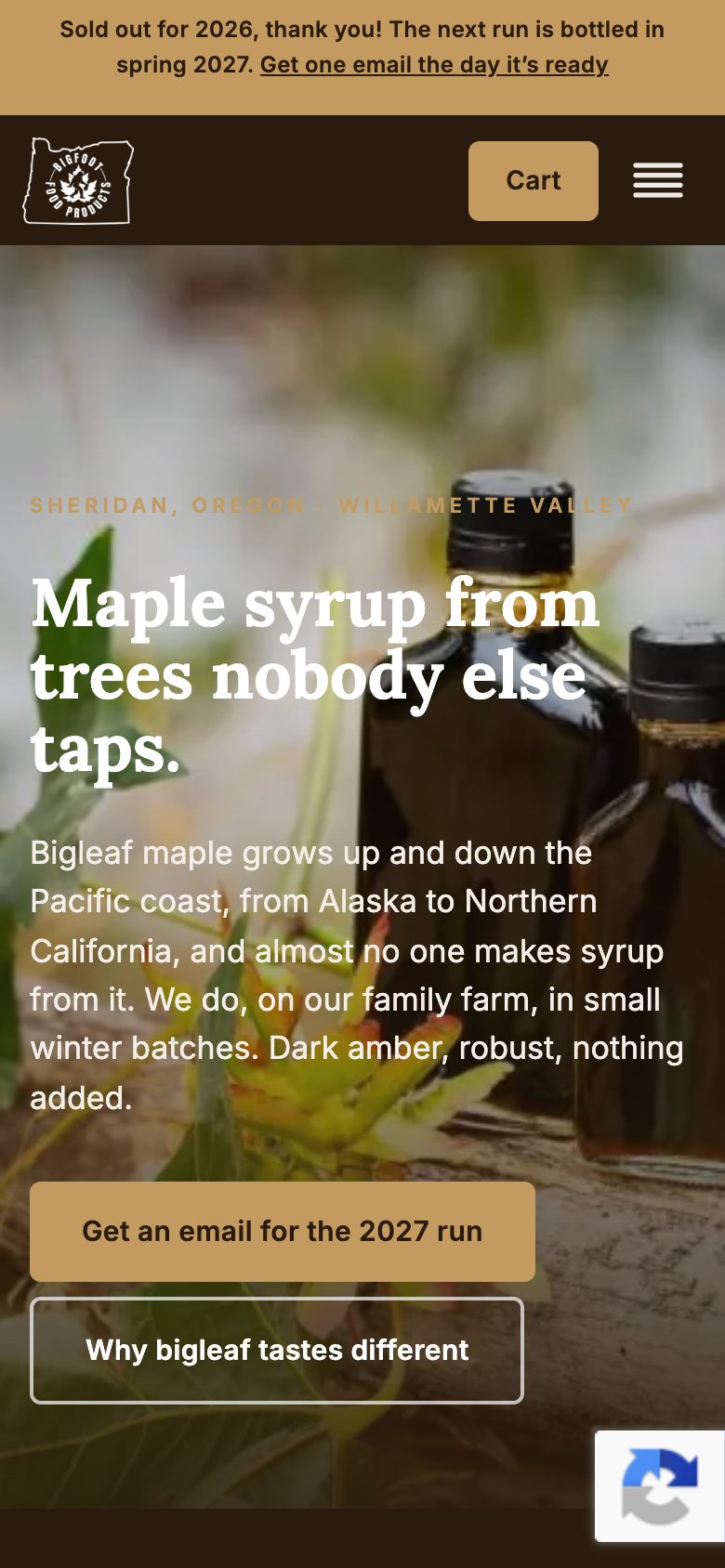 Bigfoot Food Products homepage on a phone