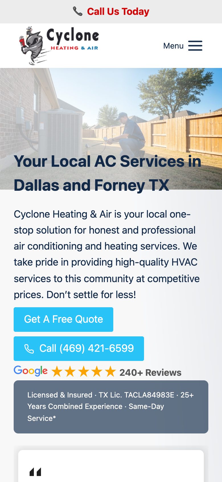 Cyclone HVAC homepage on a phone