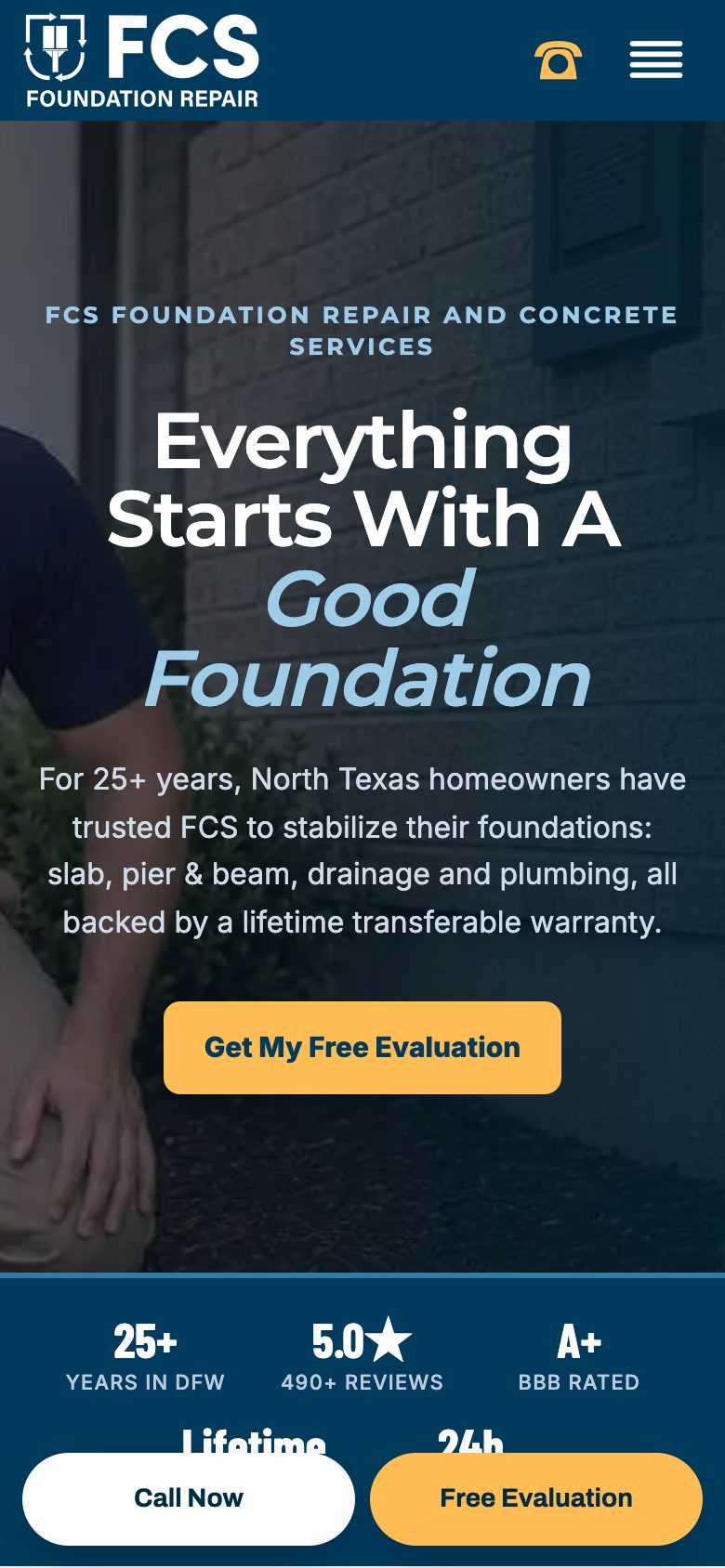 FCS Foundation Repair homepage on a phone