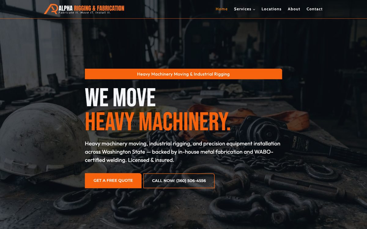Alpha Rigging website, Rigging and machinery moving, Tacoma WA