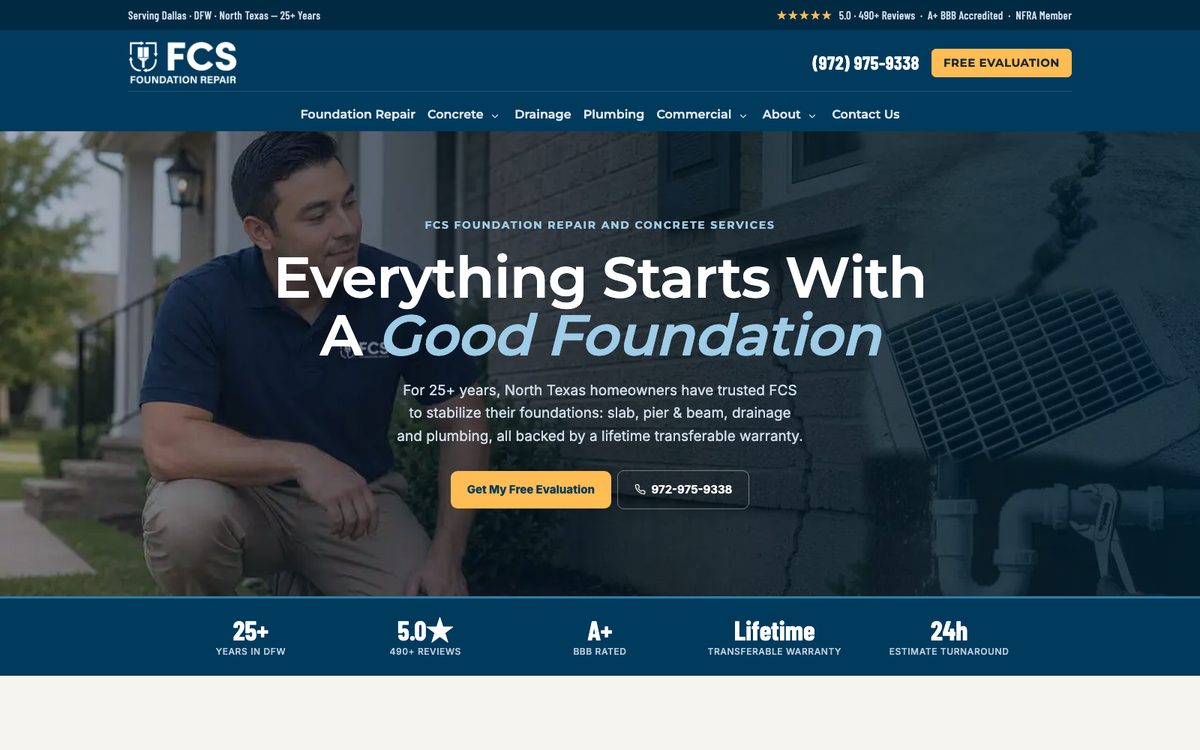 FCS Foundation Repair website, Foundation repair, Dallas TX