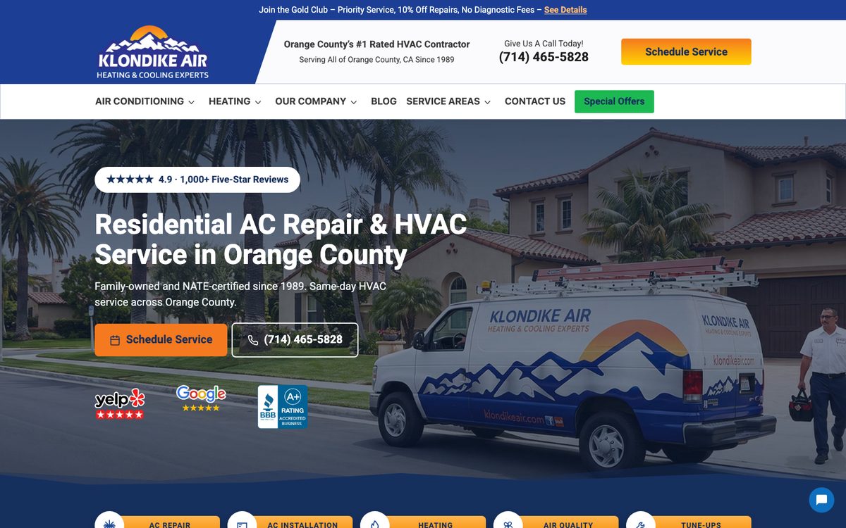 Klondike Air website, HVAC, Orange County CA