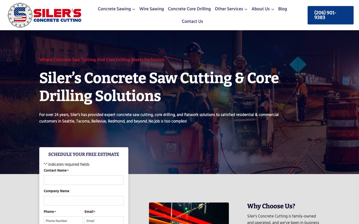Silers Concrete Cutting website, Concrete cutting, Puget Sound WA